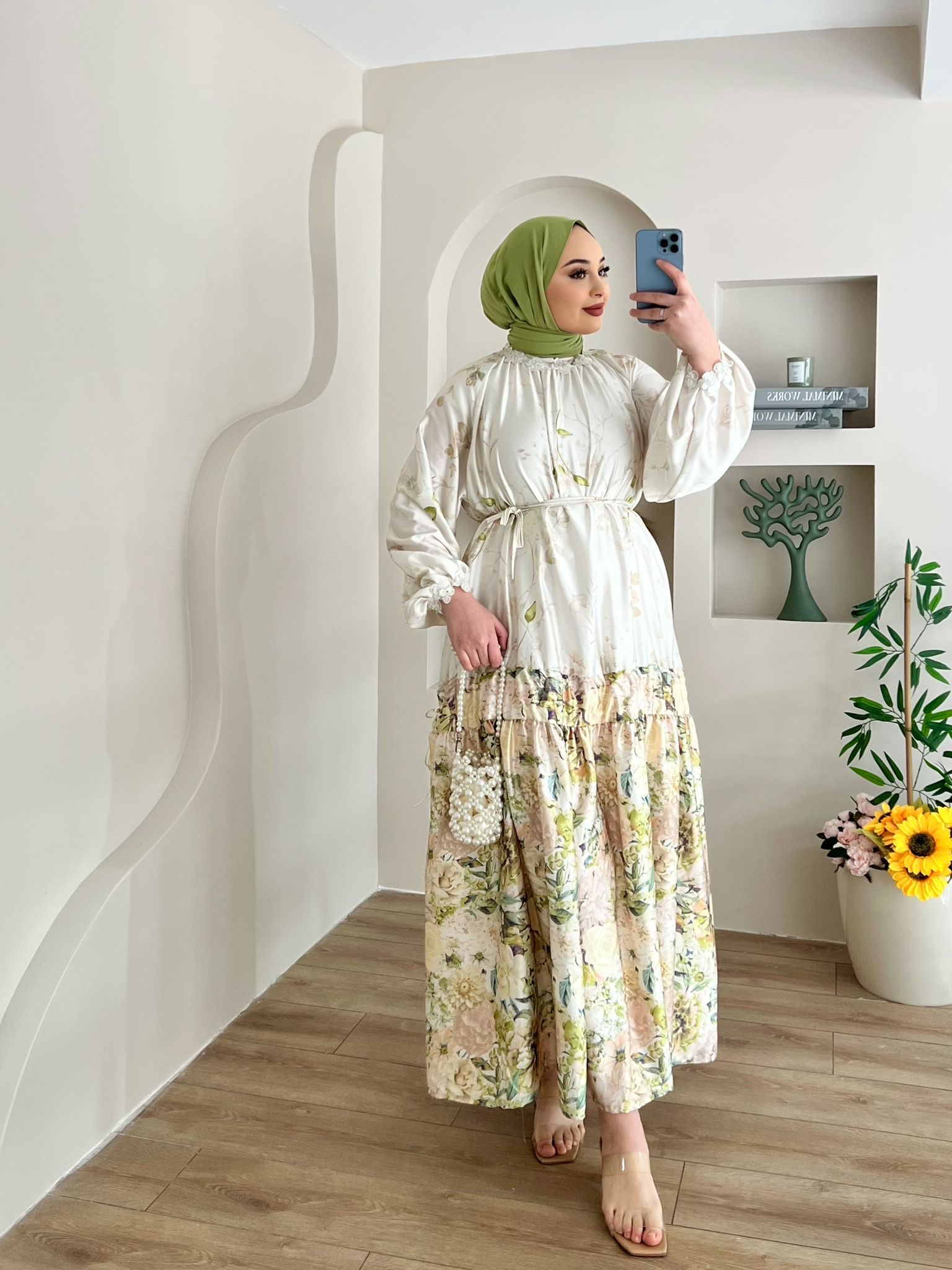 BLOOM%20YEŞİL%20ÇİÇEKLİ%20ELBİSE