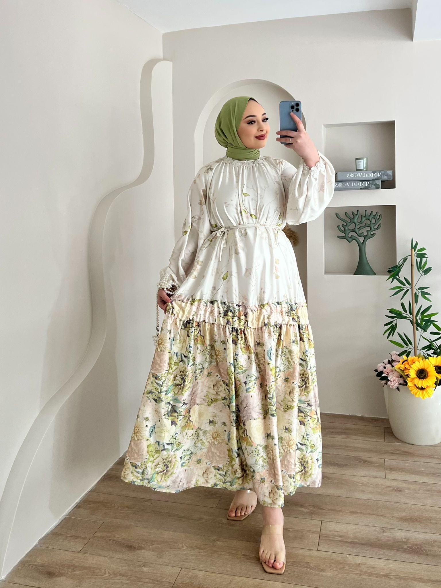 BLOOM%20YEŞİL%20ÇİÇEKLİ%20ELBİSE